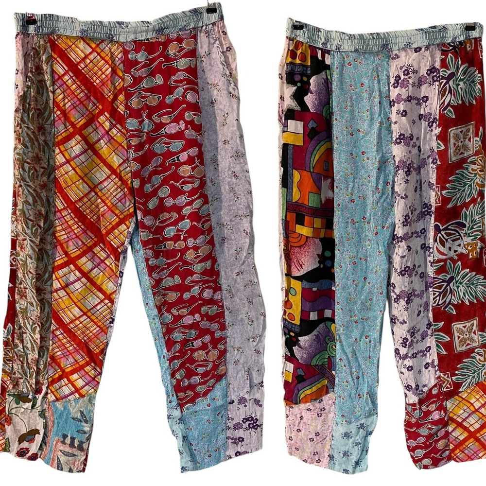 VTG Sacred Threads Patchwork Pull on Wide Leg Pants Festival Boho Beach S 31W